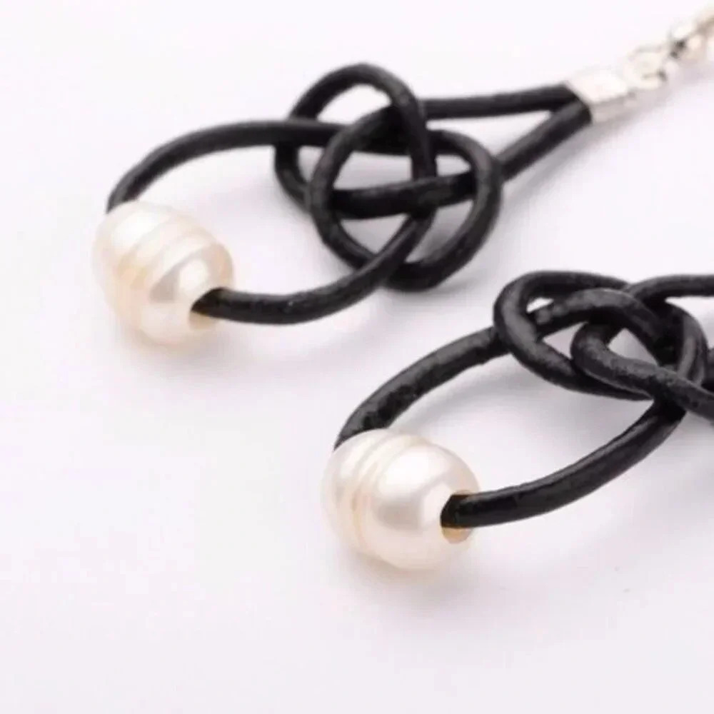 Genuine White Freshwater Pearl and Black Leather Knotted Earrings